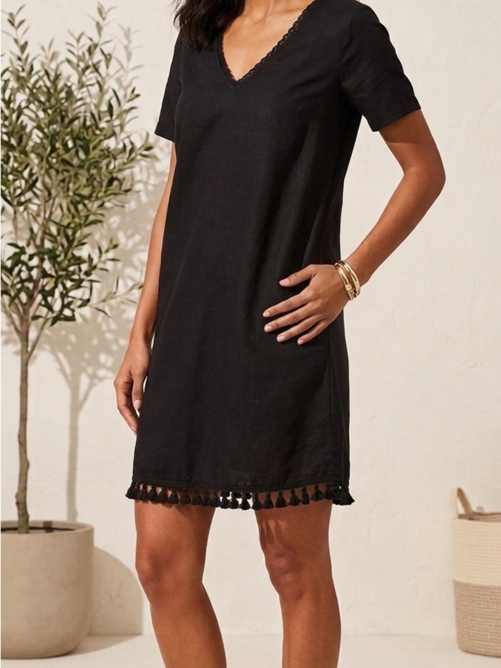 Black linen dress with tassel xs